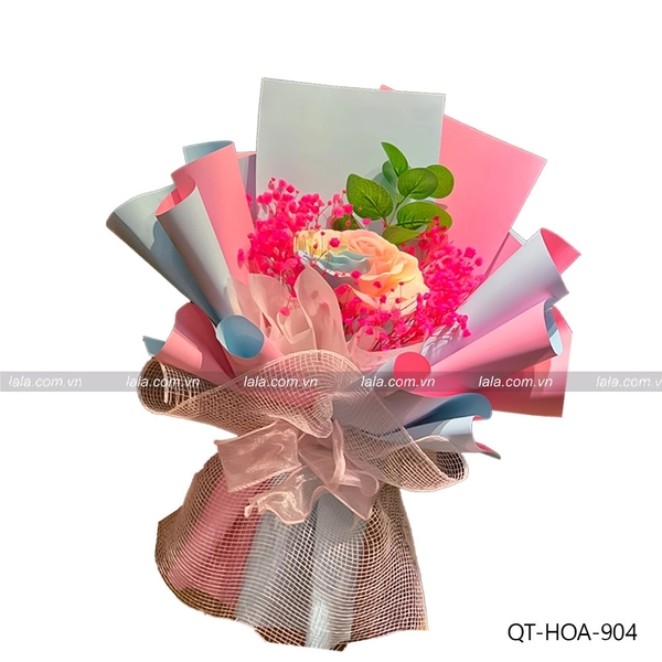 bó 1 bông 7 lớp cầu vồng kèm hoa baby khô cao cấp mẫu 904