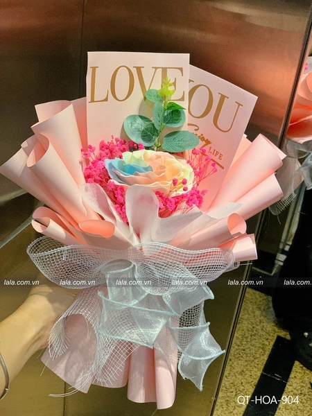 bó 1 bông 7 lớp cầu vồng kèm hoa baby khô cao cấp mẫu 904