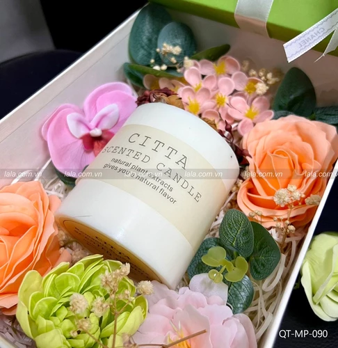Hộp quà tặng nến thơm hoa sáp kèm phụ kiện mẫu chữ nhật 090