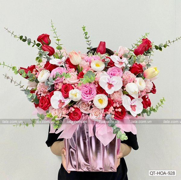 Lẵng hoa sáp thơm để bàn phối đỏ-hồng hương thơm siêu cấp mẫu 928