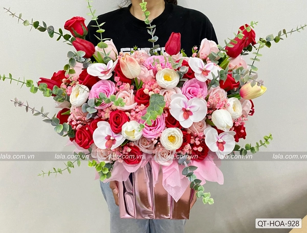 Lẵng hoa sáp thơm để bàn phối đỏ-hồng hương thơm siêu cấp mẫu 928