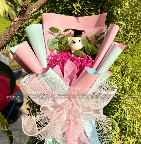 Túi bó hoa baby kèm gấu tốt nghiệp mẫu 941
