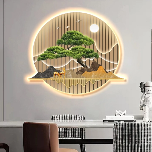 Tranh treo tường có đèn LED tráng gương UV cao cấp hươu vàng dưới ánh trăng