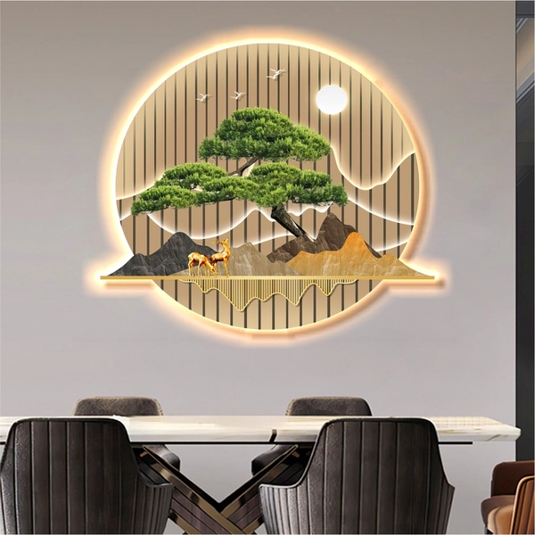 Tranh treo tường có đèn LED tráng gương UV cao cấp hươu vàng dưới ánh trăng