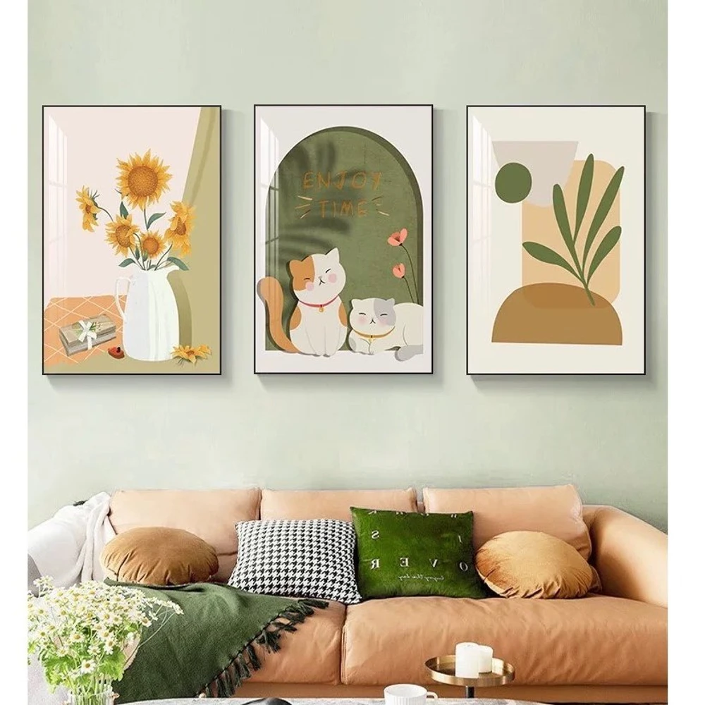 Tranh Treo Tường Bình Hoa Và Chú Mèo Dễ Thương