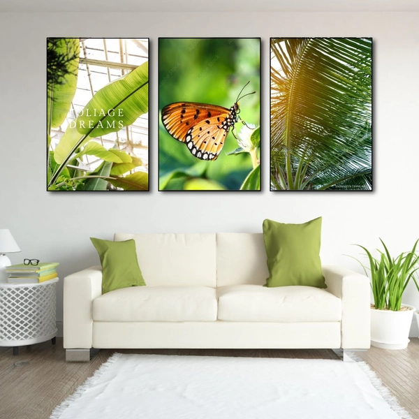 Bộ 3 Tấm Tranh Treo Tường Lá Xanh Và Bươm Bướm Nghệ Thuật