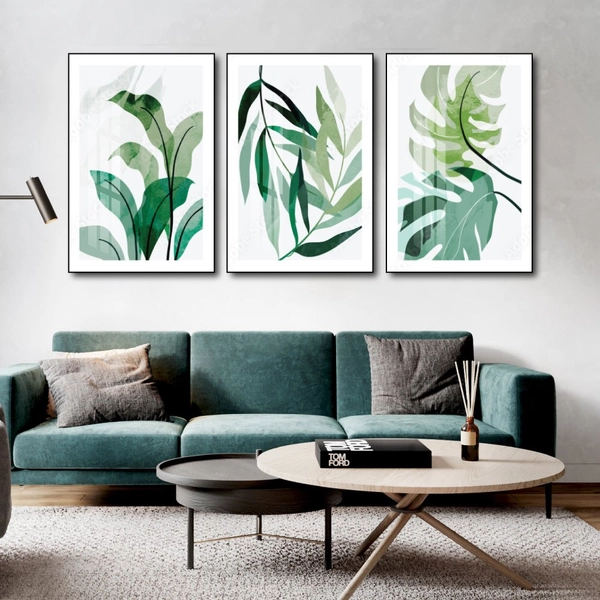 Tranh treo tường bộ 3 tấm lá xanh nhiệt đới