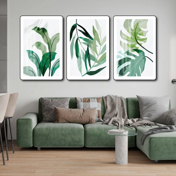 Tranh treo tường bộ 3 tấm lá xanh nhiệt đới