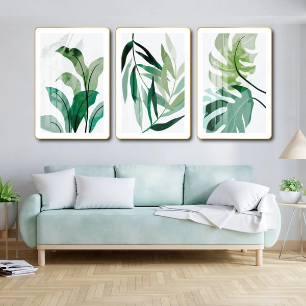 Tranh treo tường bộ 3 tấm lá xanh nhiệt đới