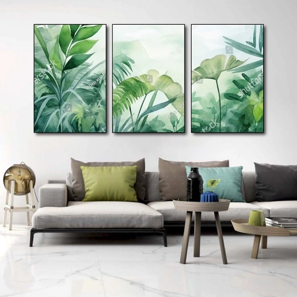 Tranh treo tường bộ 3 tấm lá xanh nhiệt đới