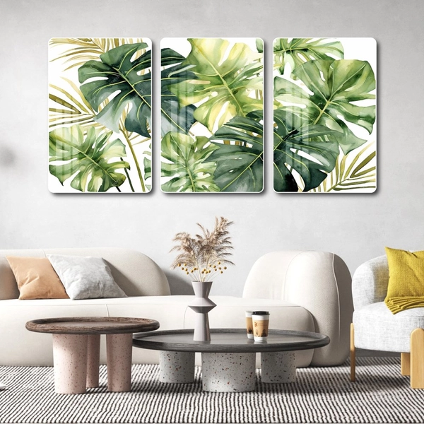 Tranh treo tường bộ 3 tấm lá xanh nhiệt đới