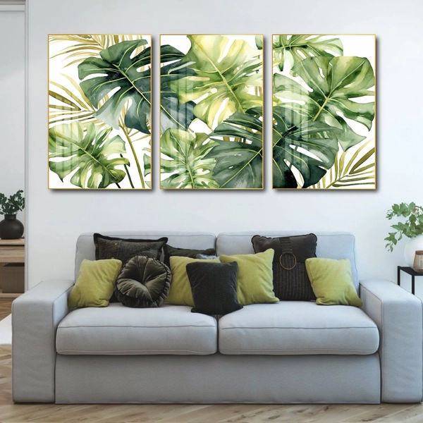 Tranh treo tường bộ 3 tấm lá xanh nhiệt đới