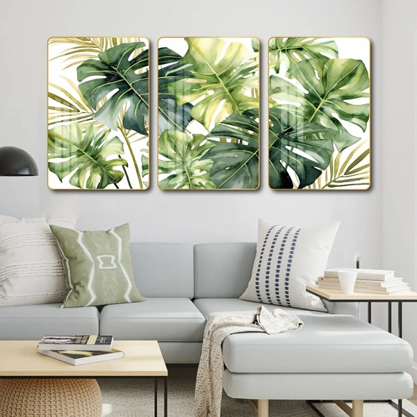 Tranh treo tường bộ 3 tấm lá xanh nhiệt đới