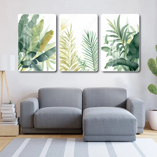 Tranh treo tường bộ 3 tấm lá xanh nhiệt đới