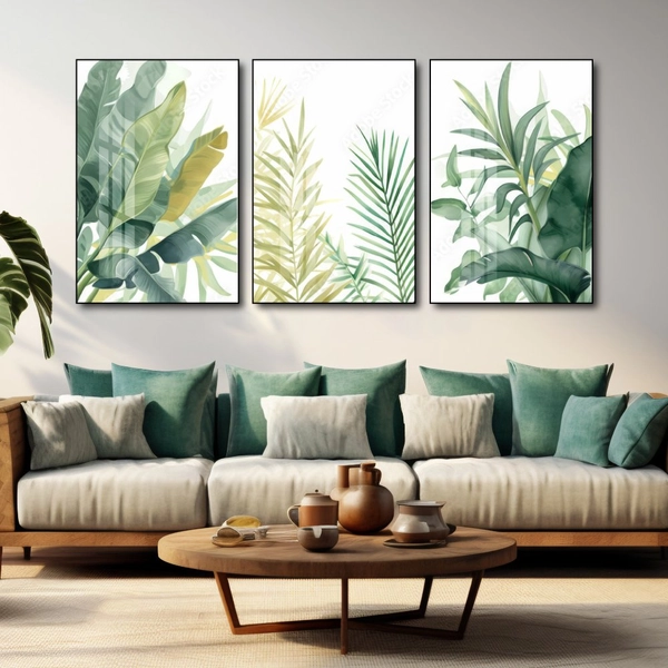 Tranh treo tường bộ 3 tấm lá xanh nhiệt đới