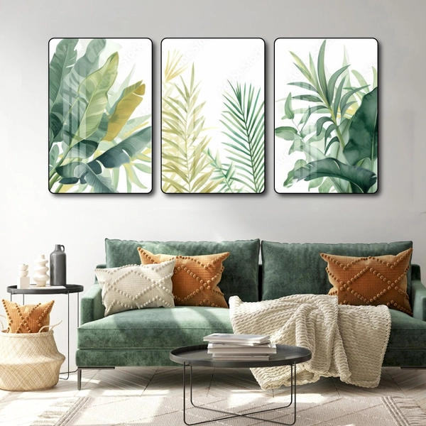 Tranh treo tường bộ 3 tấm lá xanh nhiệt đới
