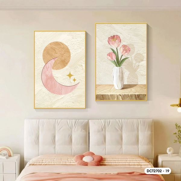 Tranh Treo Tường Bộ 2 Tấm Bình Hoa Và Ánh Trăng Nghệ Thuật