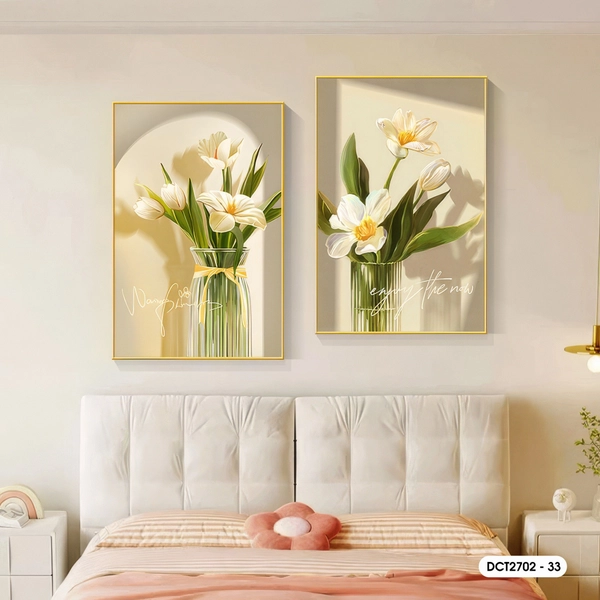 Tranh Treo Tường Bộ 2 Tấm Hoa Lá Nghệ Thuật