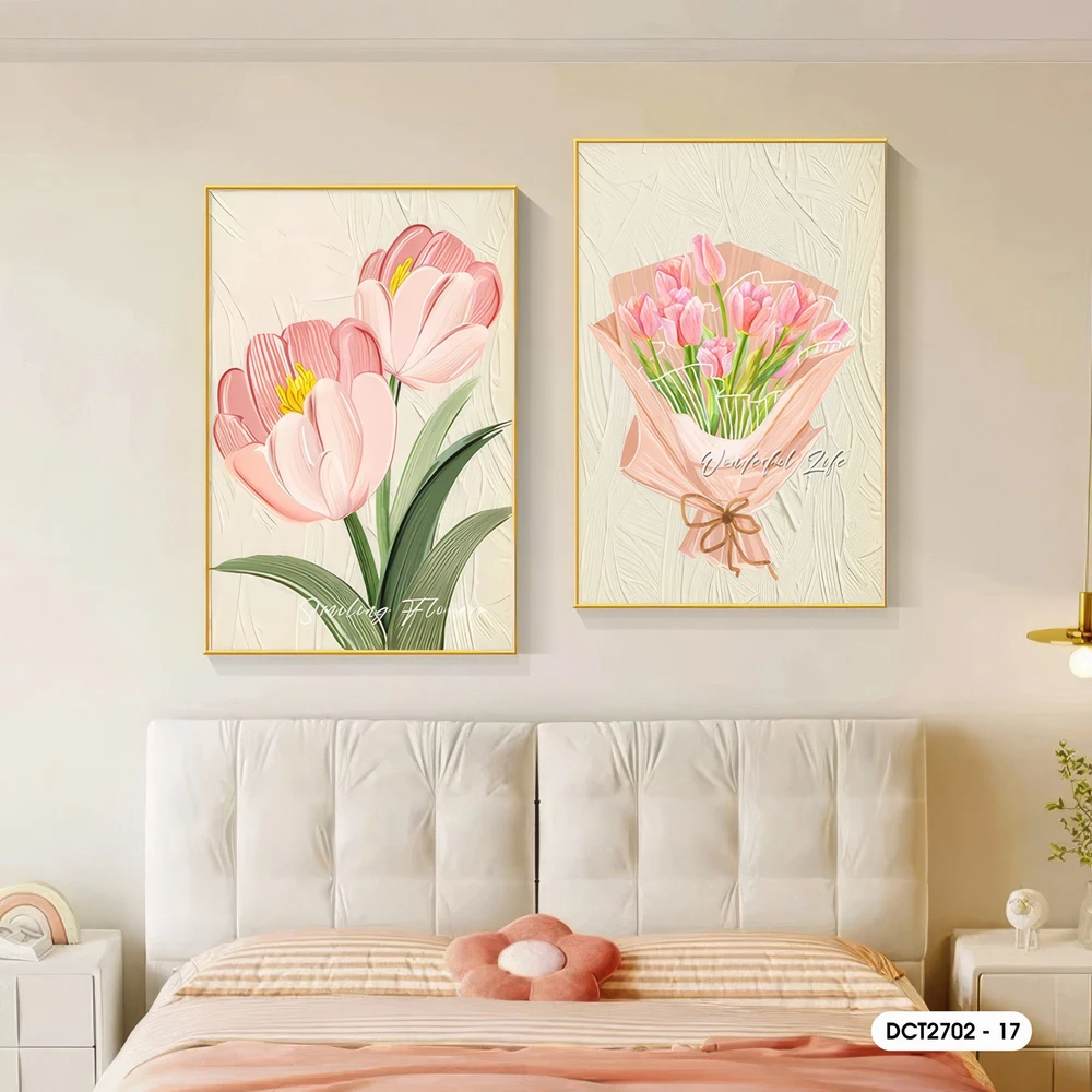 Tranh Treo Tường Bộ 2 Tấm Hoa Tulip Hồng Khoe Sắc Nghệ Thuật