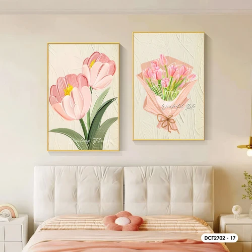 Tranh Treo Tường Bộ 2 Tấm Hoa Tulip Hồng Khoe Sắc Nghệ Thuật