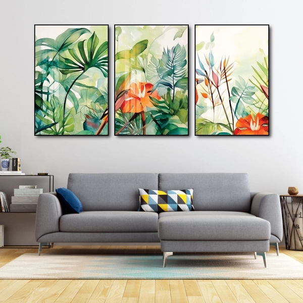 Tranh treo tường bộ 3 tấm lá xanh nhiệt đới