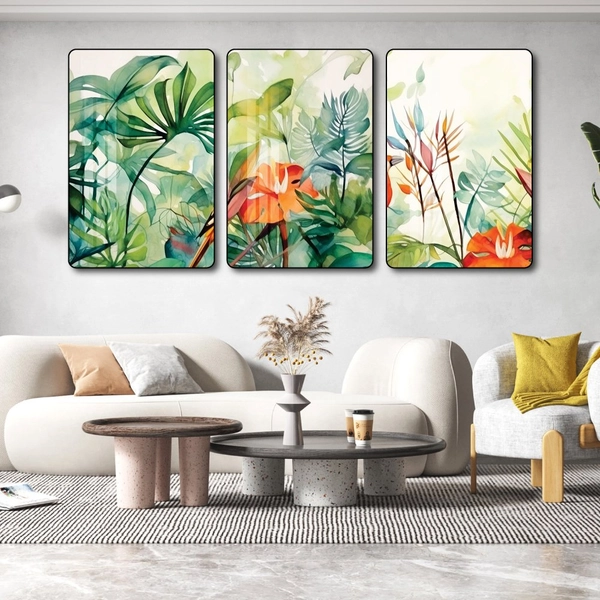 Tranh treo tường bộ 3 tấm lá xanh nhiệt đới