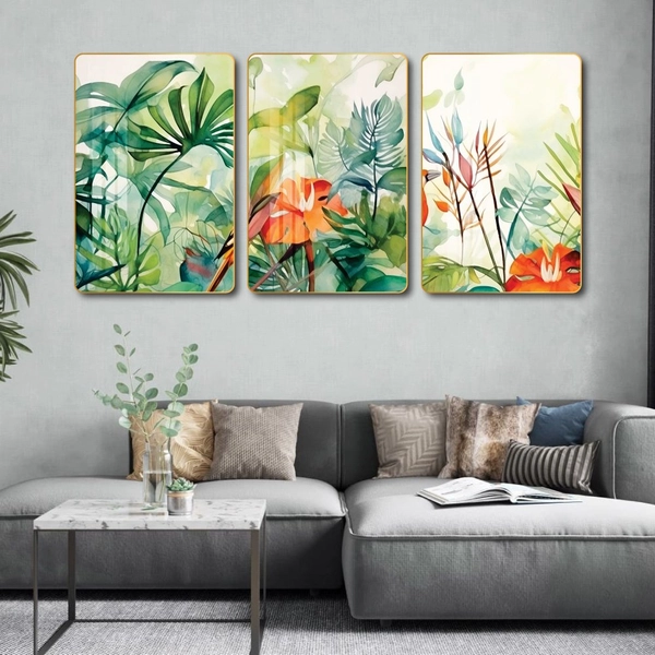 Tranh treo tường bộ 3 tấm lá xanh nhiệt đới