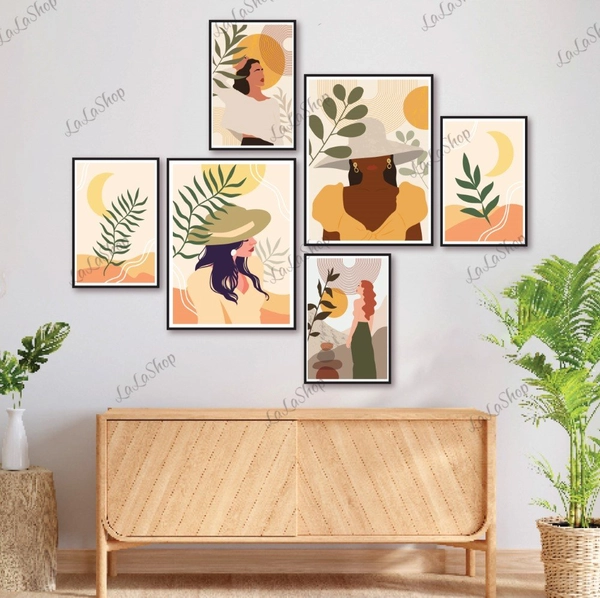Set 6 Tranh Dán Tường Cô Gái Và Hoa Lá Nghệ Thuật Có Keo Sẵn