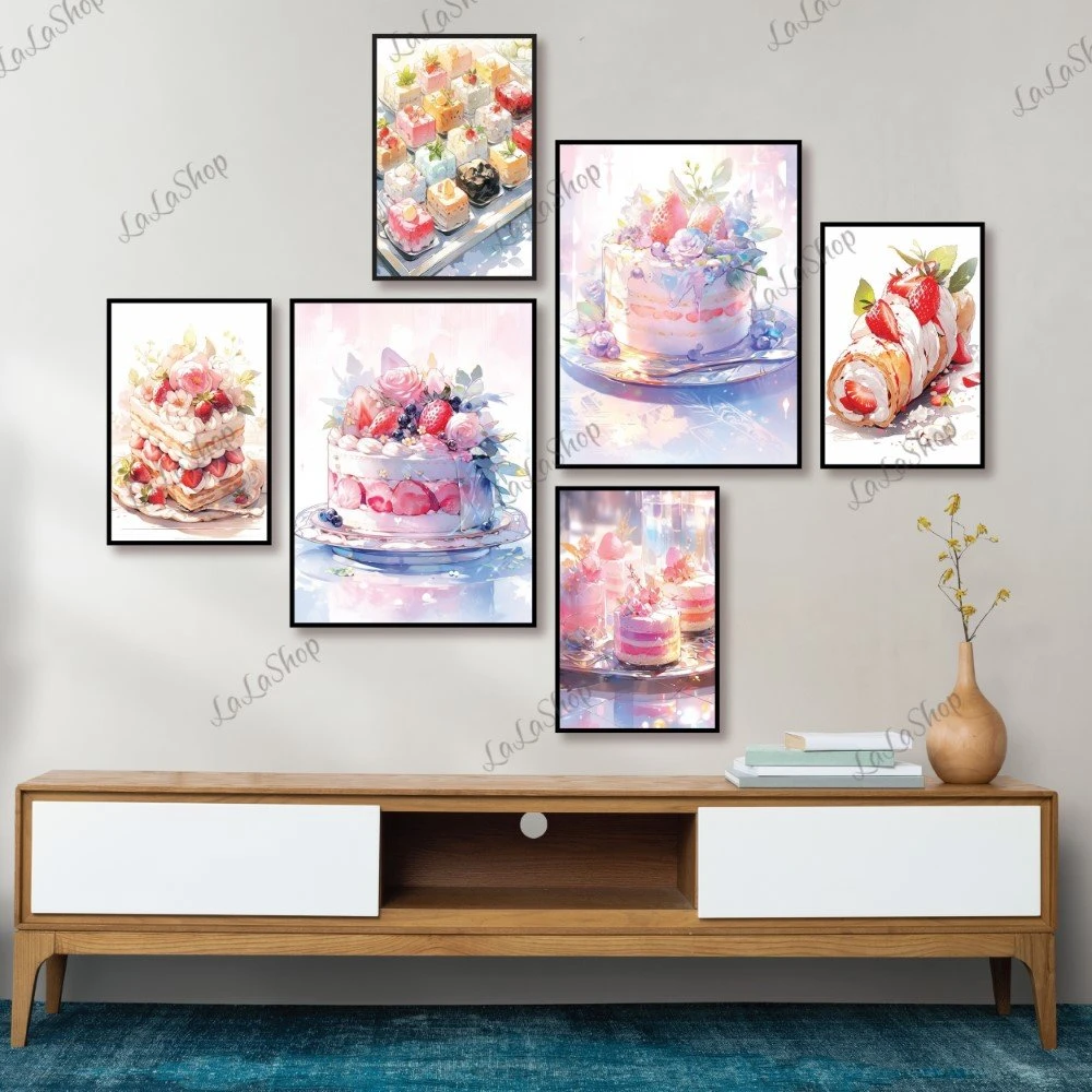 Set 6 Tranh Dán Tường Những Chiếc Bánh Kem Ngọt Ngào Có Keo Sẵn