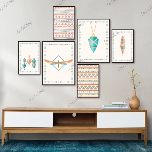 Set 6 Tranh Dán Tường Phong Cách Boho Hiện Đại Có Keo Sẵn