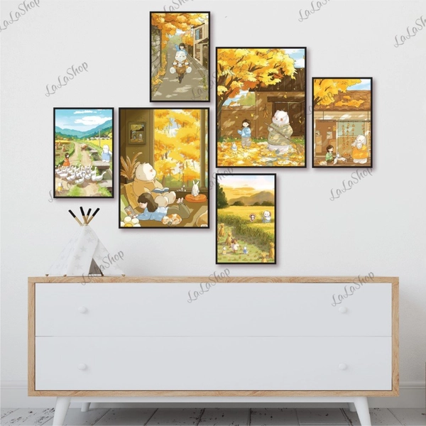 Set 6 Tranh Dán Tường Cô Bé Và Gấu Trắng Vui Vẻ Có Keo Sẵn