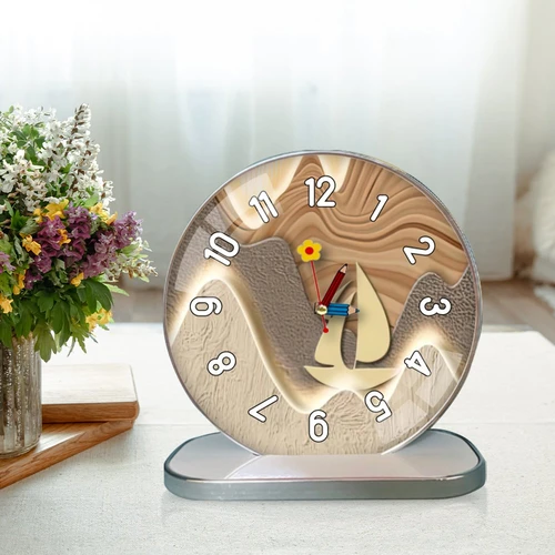 Tranh Đồng Hồ Để Bàn Thuyền Và Núi Nghệ Thuật