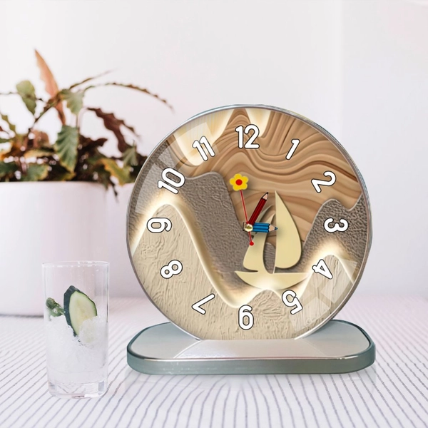 Tranh Đồng Hồ Để Bàn Thuyền Và Núi Nghệ Thuật