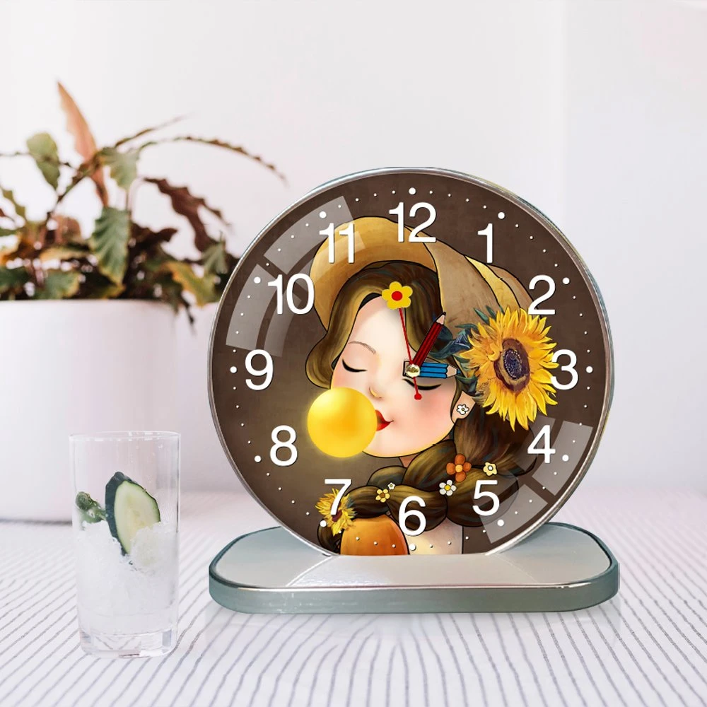 Tranh Đồng Hồ Để Bàn Cô Bé Tóc Nâu Và Hoa Hướng Dương