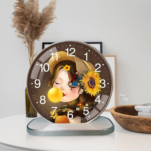 Tranh Đồng Hồ Để Bàn Cô Bé Tóc Nâu Và Hoa Hướng Dương