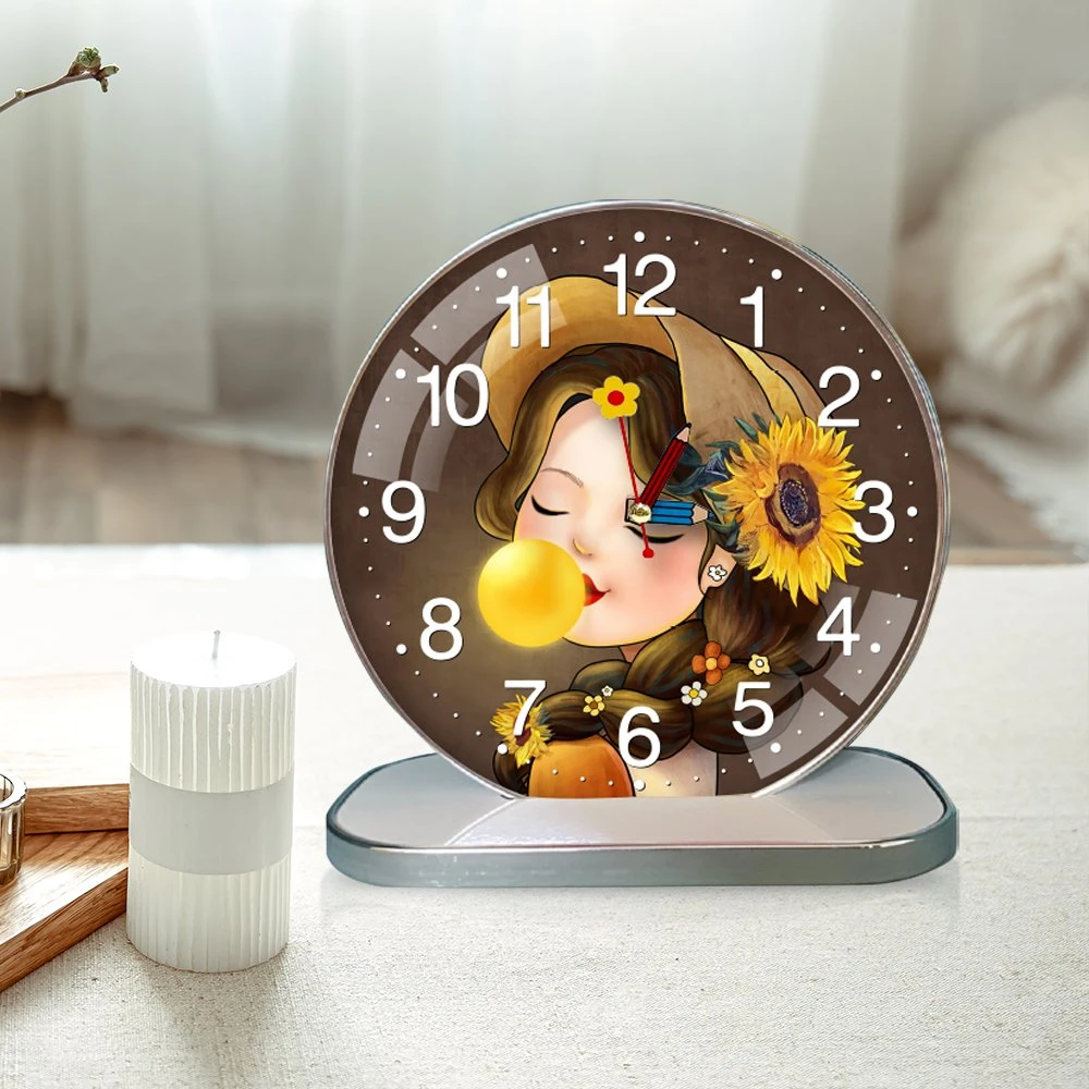 Tranh Đồng Hồ Để Bàn Cô Bé Tóc Nâu Và Hoa Hướng Dương
