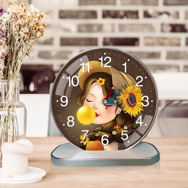 Tranh Đồng Hồ Để Bàn Cô Bé Tóc Nâu Và Hoa Hướng Dương