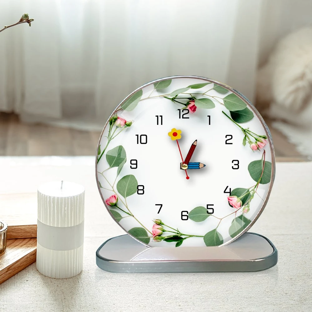 Tranh Đồng Hồ Để Bàn Vintage Dây Lá Xanh Hoa Hồng