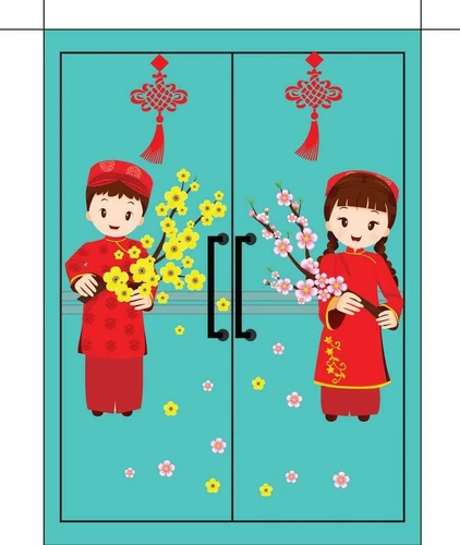 Decal bé và hoa chúc tết