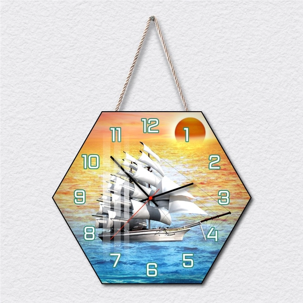 Tranh Đồng Hồ Dây Treo Tráng Gương Bình Minh Thuyền Ra Khơi