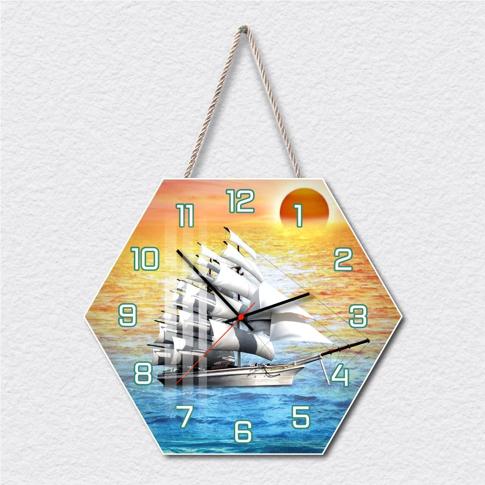 Tranh Đồng Hồ Dây Treo Tráng Gương Bình Minh Thuyền Ra Khơi