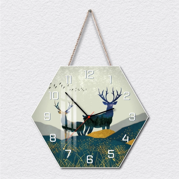 Tranh Đồng Hồ Dây Treo Tráng Gương Đôi Hươu Tài Lộc