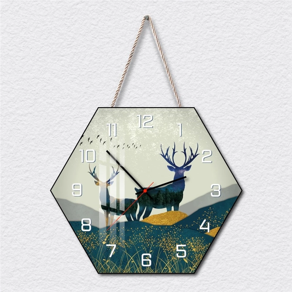 Tranh Đồng Hồ Dây Treo Tráng Gương Đôi Hươu Tài Lộc