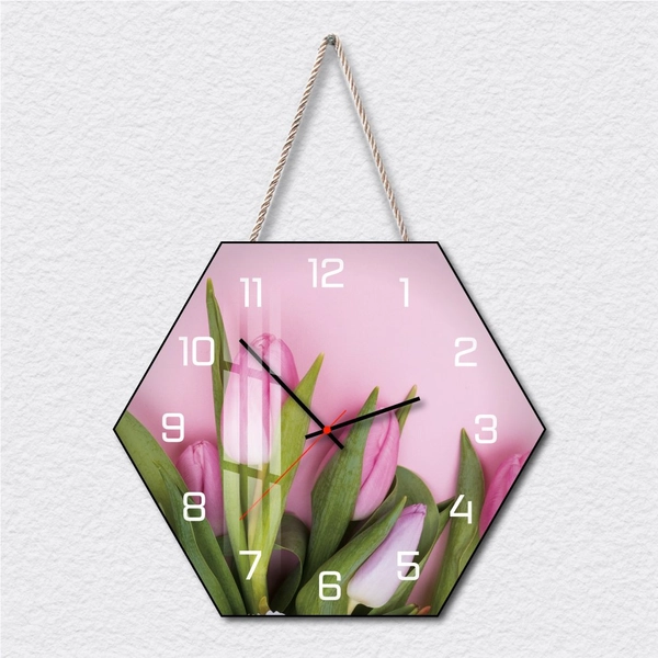 Tranh Đồng Hồ Dây Treo Tráng Gương Hoa Tulip Hồng