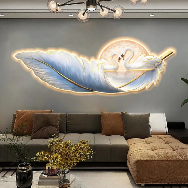 Tranh Đồng Hồ Đèn Led Đôi Uyên Ương Nghệ Thuật 322