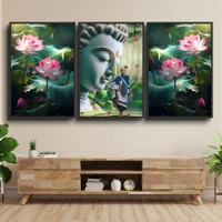 Tranh Treo Tường Bộ 3 tấm Sư Thầy Thích Minh Tuệ Và Sen Hồng Nở Rộ