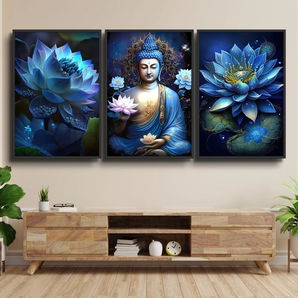 Tranh Treo Tường Bộ 3 tấm Đức Phật Và Hoa Sen Nở Rộ
