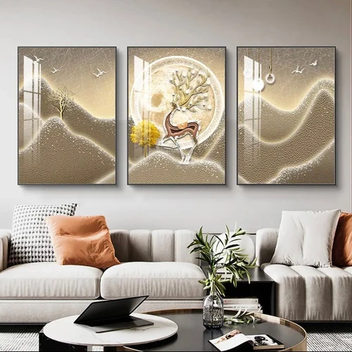 Tranh 3 Tấm Treo Tường Hươu Hoa Tài Lộc Dưới Ánh Trăng 2