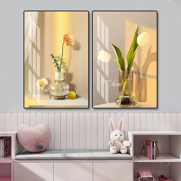 Tranh Treo Tường Bộ 2 Tấm Hoa Lá Nghệ Thuật