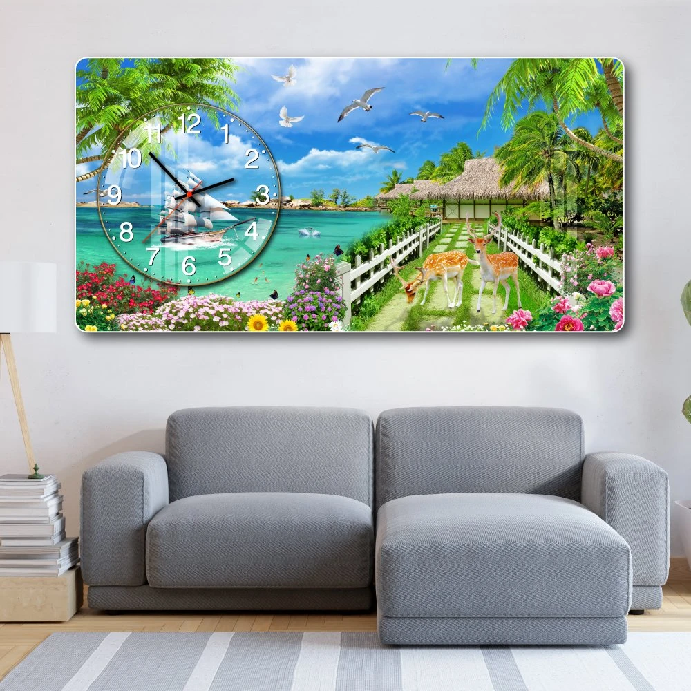 Tranh Đồng Hồ Nổi 3D Thuận Buồm Xuôi Gió Và Đôi Hươu Vàng